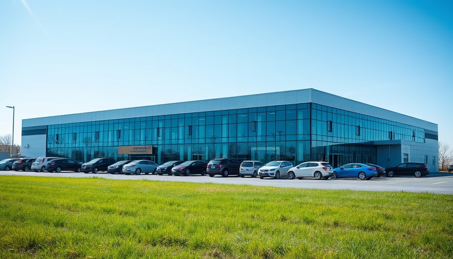 Modern industrial building in Hammond with parked cars.