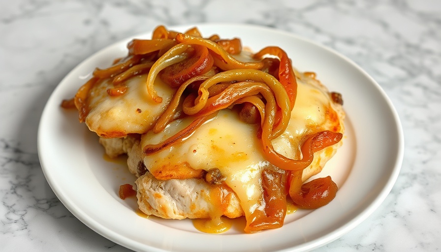 French onion chicken recipe with melted cheese and onions.