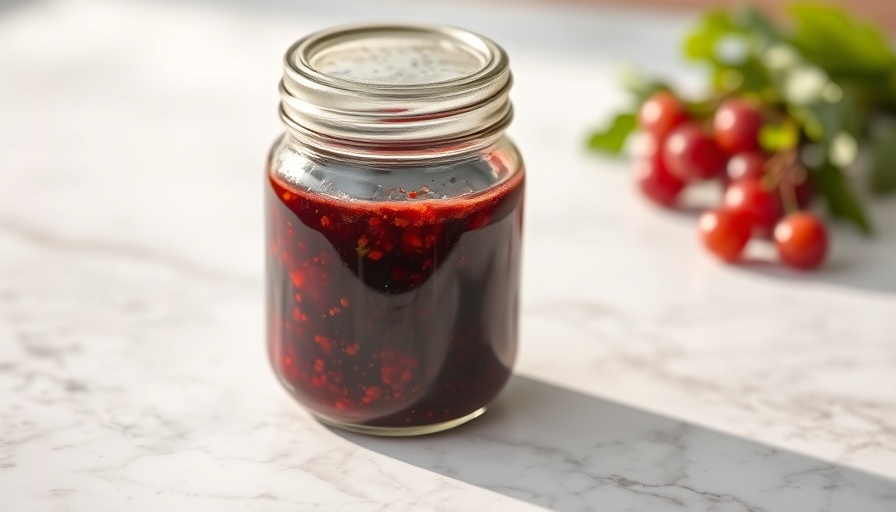 Glass jar of red wine vinaigrette on marble surface.