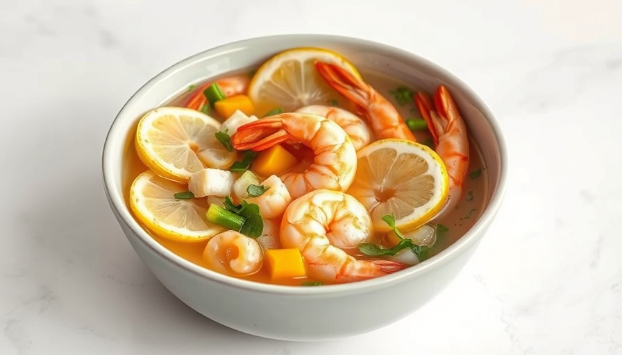 Delicious caldo de camarón with shrimp and lemon slices.