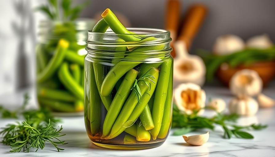Jar of pickled green beans with dill and garlic on marble.