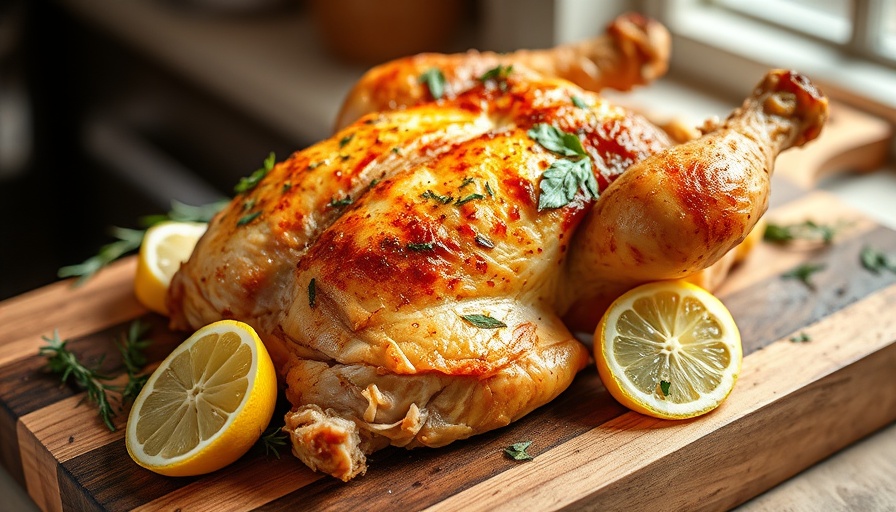 Spatchcock chicken recipe with lemon and herbs on a wooden board.