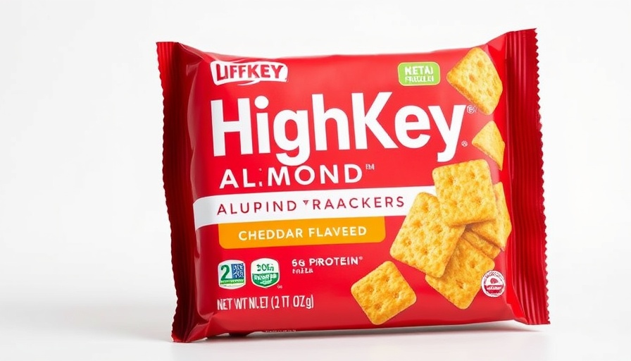 HighKey Almond Flour Crackers in red packaging highlighting cheddar flavor and nutritional benefits.