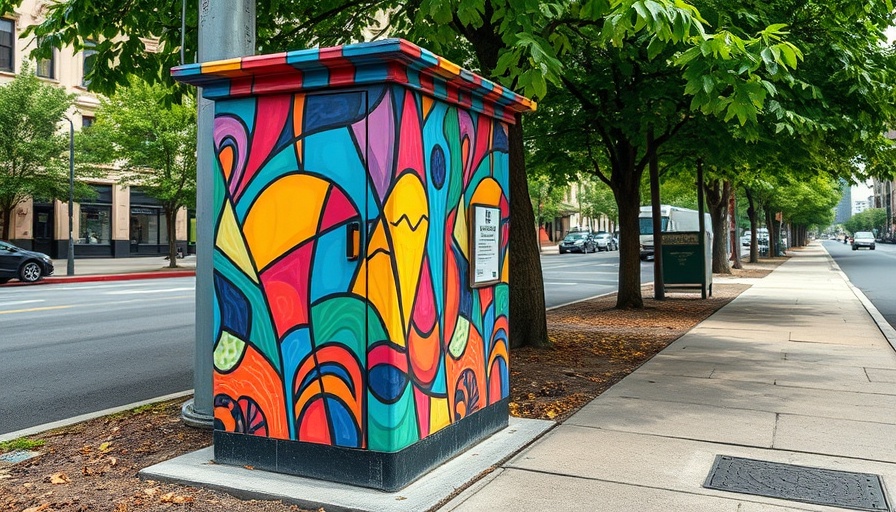 Art-wrapped utility box with colorful patterns on urban street.