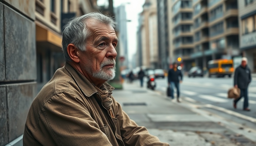Older man sitting in Bloomington, highlighting urban homelessness.