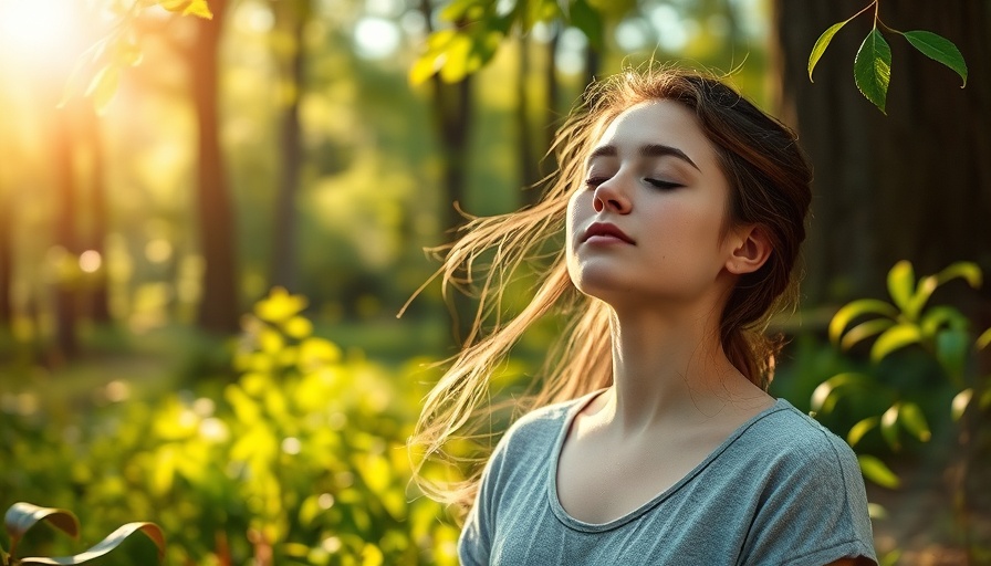 Young woman meditating outdoors, promoting mental health and wellness.