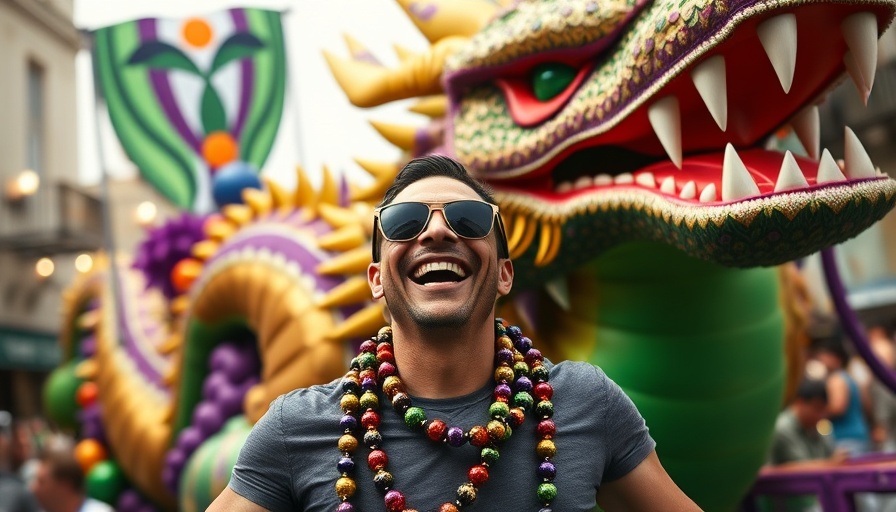 Festive Mardi Gras 2025 parade with dragon float and joyful man.