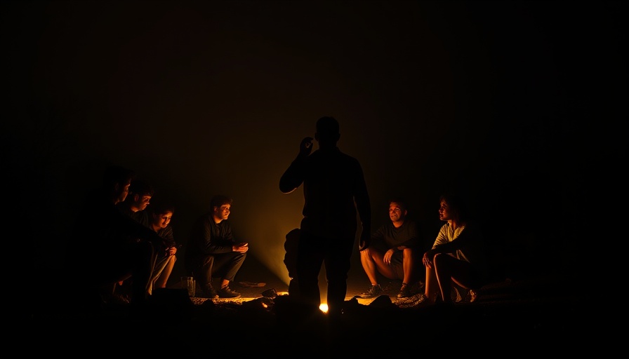 Group around campfire at night, one figure alone, warmth and shadows.