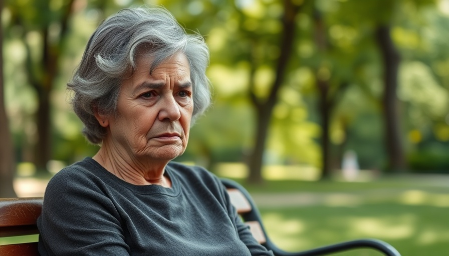 Middle-aged woman in discomfort sitting on park bench, highlighting medical diagnosis.