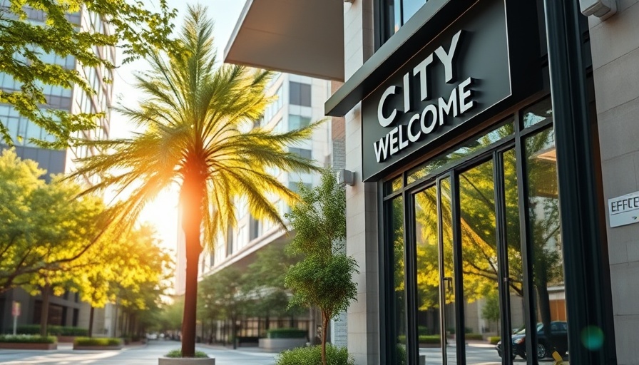 Welcome sign at office entrance, urban greenery backdrop