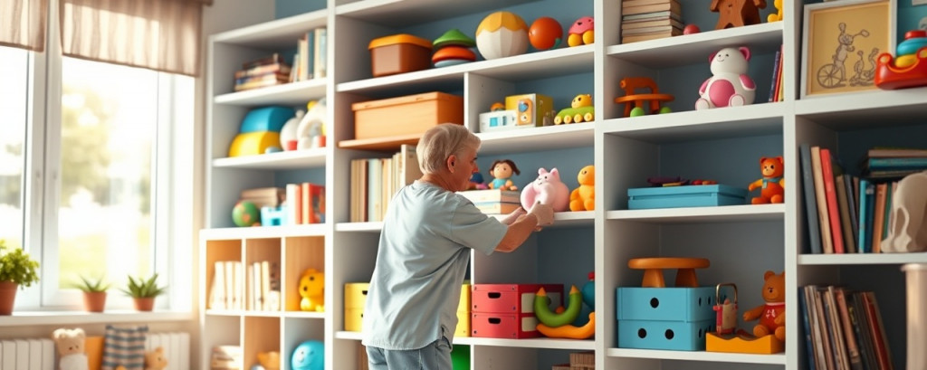 content cleaner, relaxed, organizing shelves, photorealistic, in a colorful children's playroom with toys and books neatly arranged, highly detailed, soft movements as items are placed, f/4, vibrant colors, morning window light, shot with a 24mm lens.