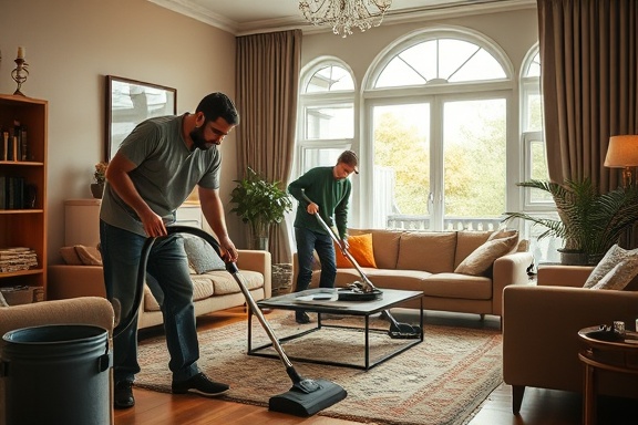 efficient cleaning service team, concentrated and thorough, organizing a living room, photorealistic, cozy living room with plush furniture and a large bay window, highly detailed, vacuum cleaner motion, 8k resolution, warm earth tones, ambient daylight filtering through curtains, shot with a 50mm lens.