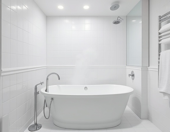 pristine bathroom, content, scrubbing bathtub, photorealistic, spacious luxury suite, highly detailed, steam rising gently, crisp clarity, white and silver decor, bright fluorescent lighting, shot with a 50mm lens.