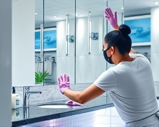 dedicated residential cleaning staff, attentive and meticulous, wiping down a bathroom mirror, photorealistic, sparkling bathroom with marble countertops and elegant fixtures, highly detailed, water droplets on mirror, 6k resolution, cool blues and reflective surfaces, crisp lighting, shot with a macro lens.