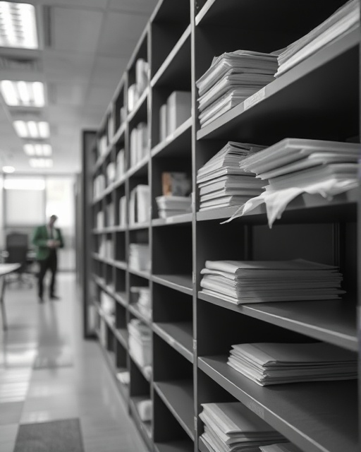 spotless office, focused, dusting shelves, photorealistic, sleek corporate environment, highly detailed, paper shuffling in the background, fine grain, monochrome palette, diffused lighting, shot with a macro lens.