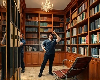 hardworking housekeeping team, coordinated and efficient, dusting a bookshelf, photorealistic, home library with floor-to-ceiling shelves and a reading nook, highly detailed, floating dust particles, 8k resolution, rich wooden hues and leather textures, diffused lighting, shot with a telephoto lens.