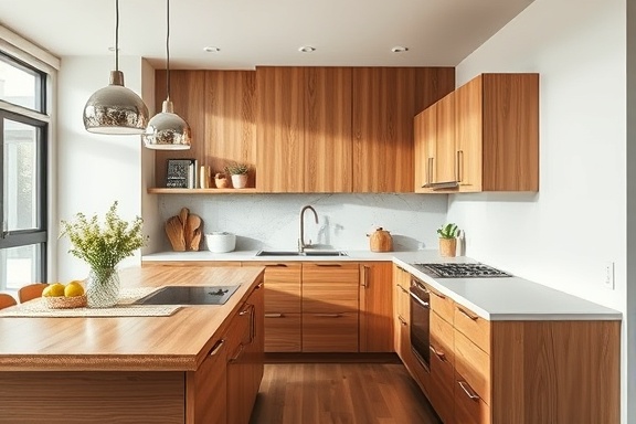 neat kitchen, cheerful, polishing countertops, photorealistic, modern open-plan space with wooden finish, highly detailed, subtle reflections on surfaces, high resolution, vibrant earthy tones, natural daylight, shot with a 24mm lens.
