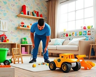 professional residential cleaning crew, precise and swift, tidying up a child's playroom, photorealistic, vibrant room with toys and colorful wallpaper, highly detailed, toys in mid-movement, 4k resolution, bold primary colors, natural afternoon lighting, shot with a standard lens.