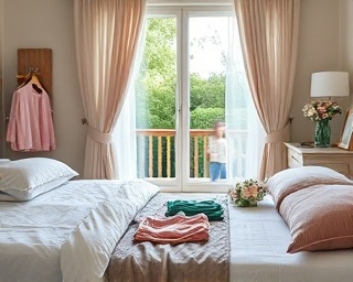 orderly bedroom, relaxed, folding clothes, photorealistic, cozy interior with a view of the garden, highly detailed, curtains swaying slightly, ultra clear, pastel shades, soft morning light, shot with a 28mm lens.
