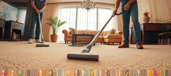 meticulous cleaning service professionals, careful and skillful, vacuuming a carpet, photorealistic, luxurious living area with plush carpet and elegant decor, highly detailed, vacuum tracks on carpet, 6k resolution, soft neutrals, soft illuminative lighting, shot with a fisheye lens.
