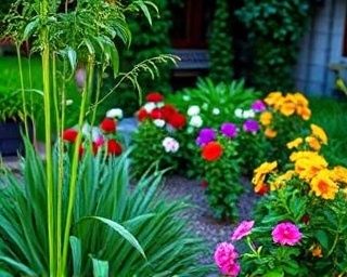 tidy garden, satisfied, raking leaves, photorealistic, lush greenery with colorful flowers, highly detailed, breeze moving petals gently, high fidelity, bold natural colors, soft evening glow, shot with a 70mm lens.