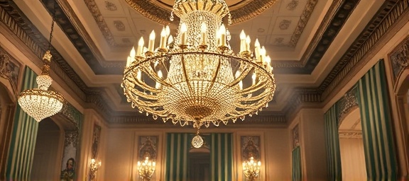dedicated cleaning company team, accurate and committed, dusting a chandelier, photorealistic, grand dining hall with high ceilings and ornate details, highly detailed, crystal reflections and falling dust, 8k resolution, opulent gold and silver hues, chandelier lighting glow, shot with a zoom lens.