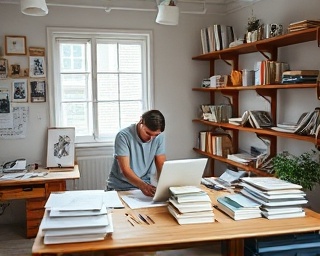 clean workspace, focused, arranging books, photorealistic, creative studio with large desk and art supplies, highly detailed, papers fluttering in a light draft, razor-sharp, neutral tones with splashes of color, overhead lighting, shot with a tilt-shift lens.