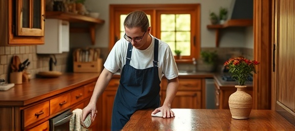 efficient residential housekeeping staff, focused and organized, polishing wooden surfaces, photorealistic, rustic kitchen with handcrafted furniture, highly detailed, polish shine on wood grains, 4k resolution, warm oak and cherry tones, evening light through windows, shot with a portrait lens.