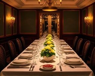 spotless dining room, pleased, setting table, photorealistic, elegant decor with vintage touches, highly detailed, gentle clinking of china and glass, true-to-life, deep burgundy and gold hues, warm candlelight ambiance, shot with a prime lens.