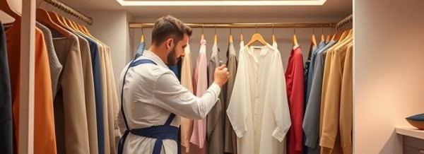 vigilant cleaning service crew, methodical and thorough, organizing a walk-in closet, photorealistic, elegant closet space with designer clothes and shoes, highly detailed, clothes hangers in motion, 6k resolution, pastel colors, ambient upscale lighting, shot with a close-up lens.