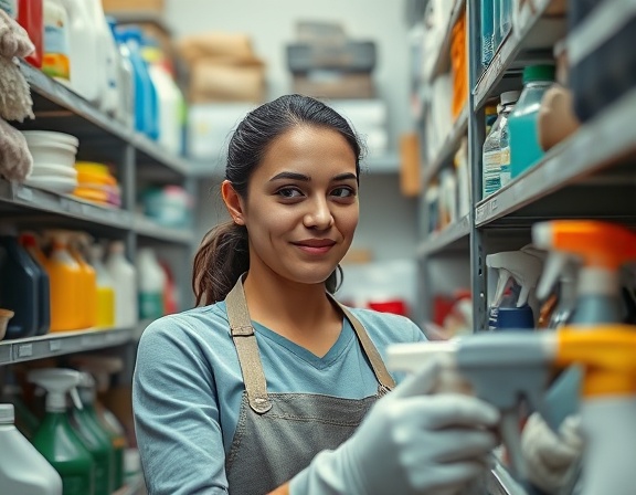 focused cleaning lady, satisfied expression, organizing cleaning supplies in a storage room, photorealistic, surrounded by shelves of neatly arranged cleaning products, highly detailed, dust particles in the air, macro shot, warm tones, diffused light, shot with a 35mm lens.