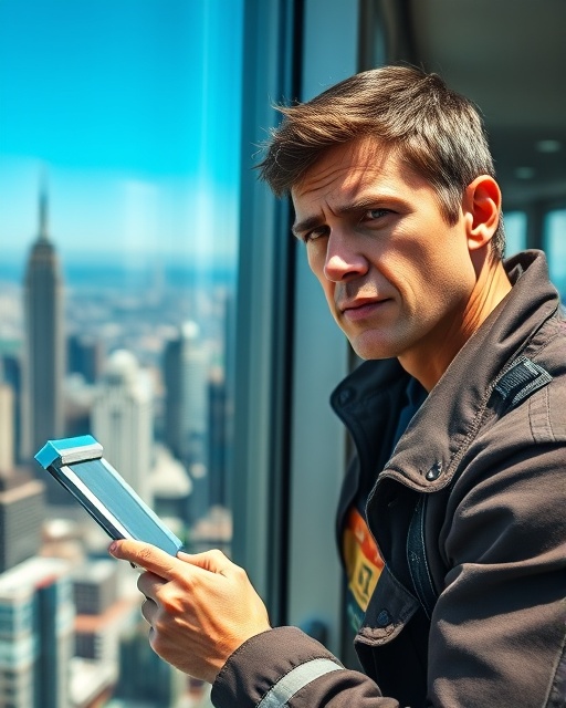 diligent window cleaner, concentrated expression, using a squeegee on a skyscraper window, photorealistic, with a breathtaking cityscape view in the background, highly detailed, reflections in the glass, high contrast, bright sunlight, shot with a 24mm wide-angle lens.