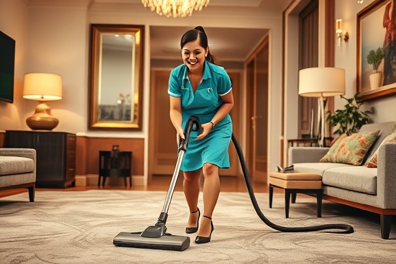 cheerful housekeeping staff, enthusiastic expression, vacuuming a plush carpet, photorealistic, in a luxurious hotel suite with elegant decor, highly detailed, vacuum cleaner in motion, vibrant colors, soft indoor lighting, shot with an 85mm lens.