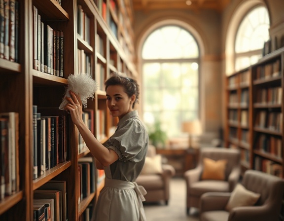 dedicated maid, content expression, dusting a wooden bookshelf, photorealistic, in a cozy library filled with books and soft furniture, highly detailed, light dust particles illuminated by window light, warm hues, natural lighting, shot with a 50mm lens.