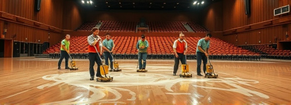 efficient cleaning crew, collaborative expression, waxing a large auditorium floor, photorealistic, under bright spotlights with chairs stacked in the background, highly detailed, wax sheen and swirling motions, balanced exposure, sharp lighting, shot with a 35mm lens.
