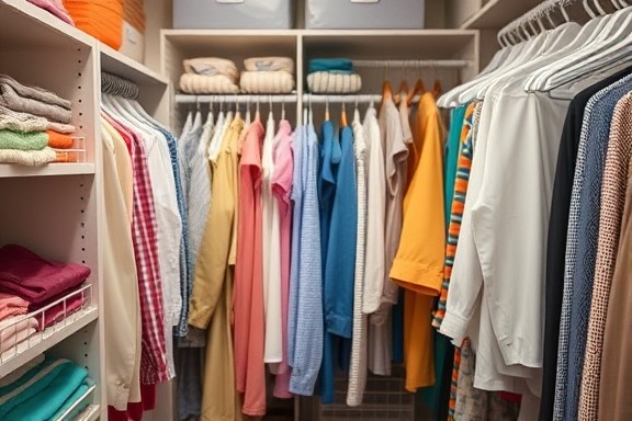 organized closet, pleased expression, showcasing cleaning benefits, photorealistic, neat rows and color-coded clothes, highly detailed, minimal background clutter, precise focus, pastel color scheme, soft ambient lighting, shot with a 35mm lens