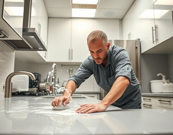 pristine kitchen, focused expression, executing deep scrub, photorealistic, polished countertops and stainless steel appliances, highly detailed, dynamic splash of water, crisp clarity, warm metallics and cool grays, overhead fluorescent lighting, shot with a 50mm lens