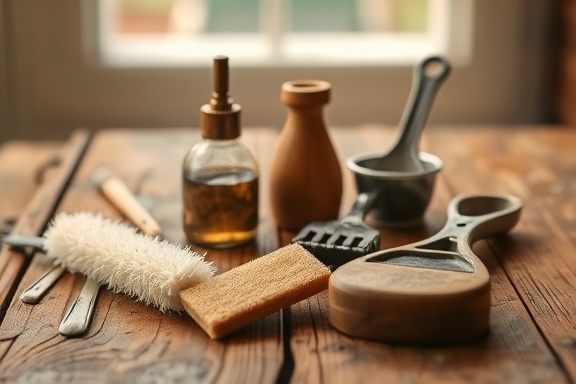 vintage cleaning tools, curiosity expression, placed orderly, photorealistic, on a rustic wooden table with visible grains, highly detailed, slight dust particles in the air, high-resolution texture, sepia tone, soft morning light, shot with a Nikon 24-70mm lens.