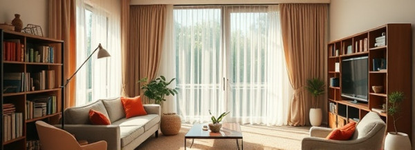spotless living room, content expression, reflecting cleanliness, photorealistic, tidy bookshelves and dust-free surfaces, highly detailed, breeze moving curtains, fine resolution, earth tones with vibrant accents, natural afternoon sunlight, shot with an 85mm lens