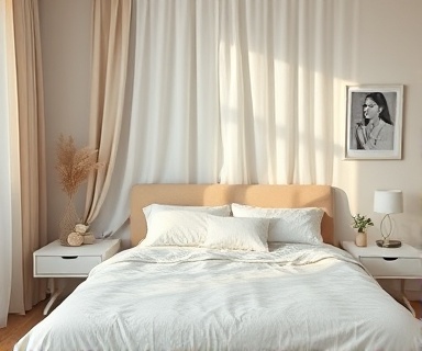 orderly bedroom, relaxed expression, achieving tidiness, photorealistic, neatly made bed and coordinated decor, highly detailed, subtle movement of drapes, smooth detail capture, neutral colors with soft pastels, gentle morning light, shot with a 24mm lens