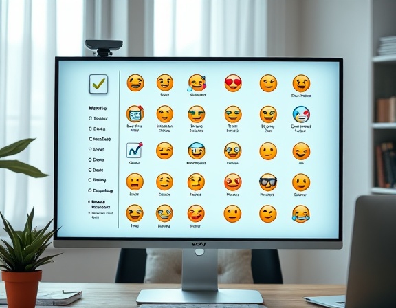 comprehensive checklist symbols, various emotes, displayed on a screen, photorealistic, seen in a modern home office environment, highly detailed, subtle screen glare, 4K resolution, colorful icon palette, soft white light, shot with a Sony 85mm lens.