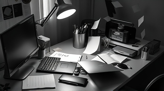 shining office desk, determined expression, practicing deep cleaning, photorealistic, well-organized stationery and electronics, highly detailed, papers fluttering in the breeze, sharp definition, monochrome with bright highlights, LED desk lamp lighting, shot with a 70mm lens
