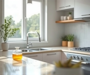 illustrated cleaning process, step-by-step visual, shown prominently, photorealistic, in a bright and tidy kitchen, highly detailed, dynamic motion blur, HDR quality, vibrant colors, natural daylight streaming through the window, shot with a Canon 35mm lens.