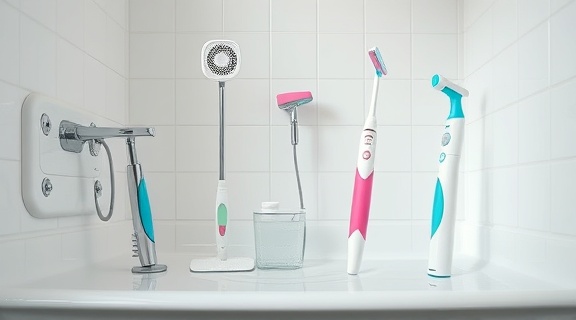 animated cleaning tools, lively and engaging, demonstrating usage, photorealistic, in a pristine bathroom interior, highly detailed, subtle water reflections on tiles, 8K quality, pastel tones, soft diffused lighting, shot with a Sigma 50mm lens.