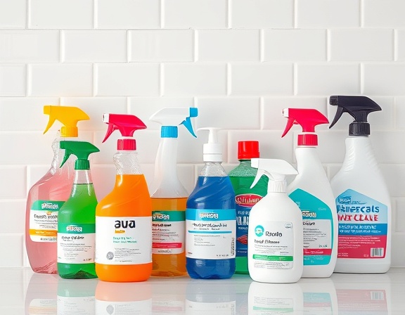 colorful cleaning supplies, labeled clearly, organized, photorealistic, against a white tiled wall, highly detailed, with textures and shadows, 85mm lens, bright studio lighting, shot with a Nikon D850