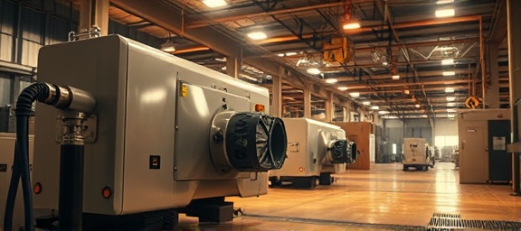 industrial cleaning equipment, poised and in motion, operating, photorealistic, in a bustling factory setting, highly detailed, with dust particles and streaks of light, 24mm wide-angle lens, harsh overhead lighting, shot with a Sony Alpha 1