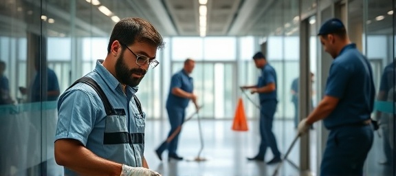 dedicated cleaning crew, focused and determined, scrubbing, photorealistic, inside a modern office building, highly detailed, with reflections and gleaming surfaces, 35mm lens, natural daylight streaming in, shot with a Fujifilm GFX 100
