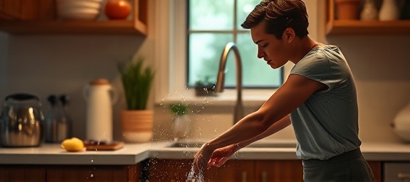 efficient cleaning routine, rhythmically performed, orchestrated, photorealistic, within a home kitchen setup, highly detailed, with water droplets and movement blur, 50mm prime lens, warm ambient lighting, shot with a Canon 5D Mark IV
