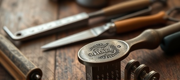 vintage cleaning tools, nostalgically displayed, admired, photorealistic, on a rustic wooden table, highly detailed, with intricate engravings and wear textures, 70mm lens, soft diffused light, shot with a Leica Q2