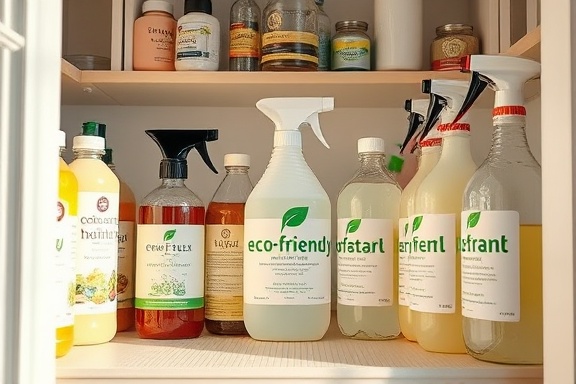 eco-friendly cleaning supplies, neatly lined up, ready for use, photorealistic, in a bright, airy pantry, highly detailed, with recycled materials and labeling, 35mm lens, gentle morning sunlight, shot with a Panasonic Lumix S5